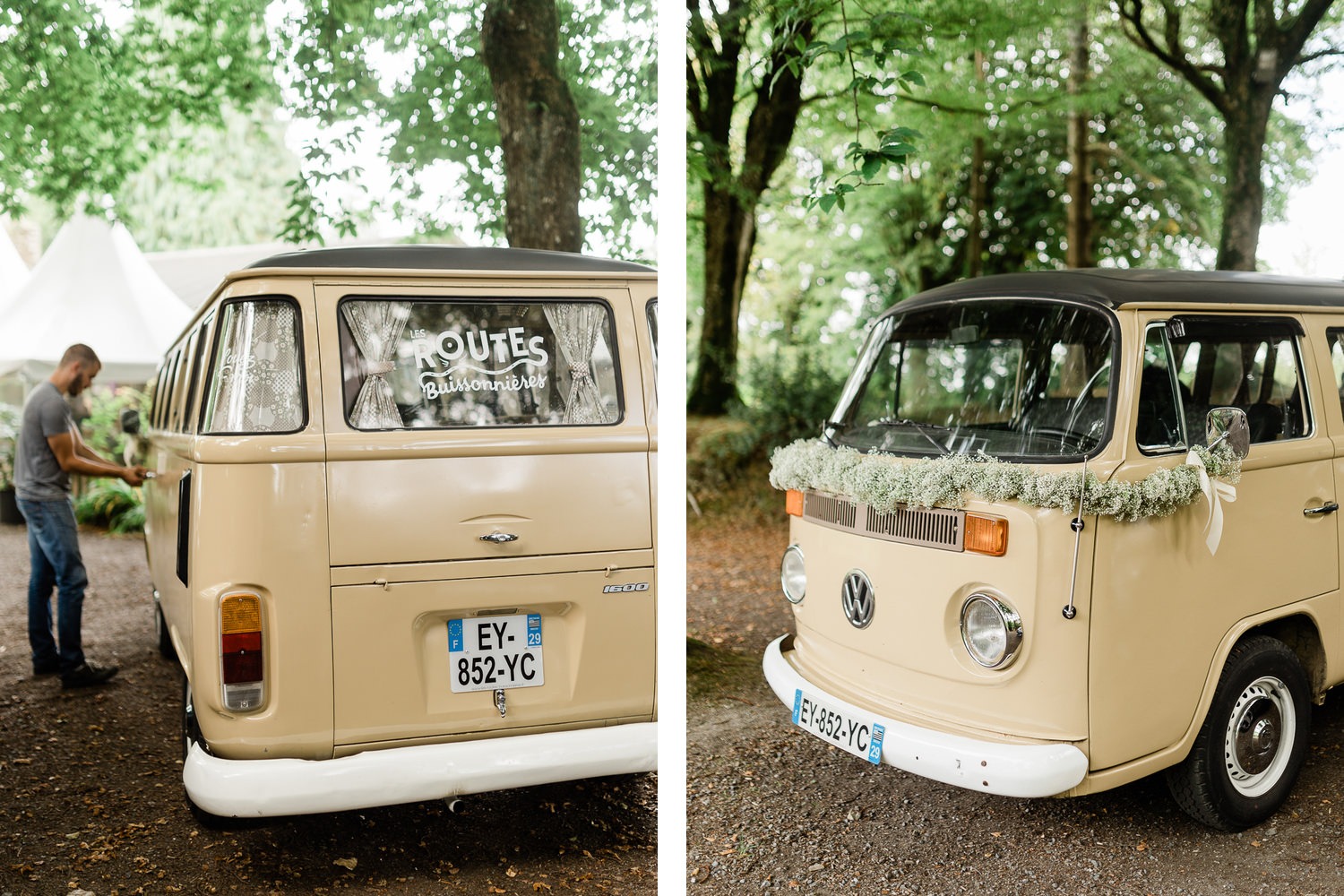 van rétro fleuri Volkswagen pour un mariage 